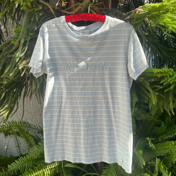 Banks Journal Embroidered Logo Blue & White Stripe T-Shirt | Soft Organic Cotton - Picture 12 of 12